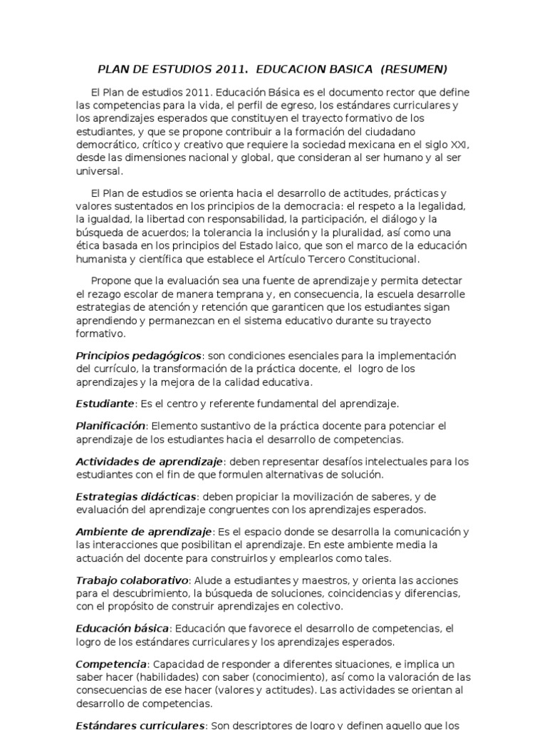 Resumen del Plan de Estudios 2011 | PDF | Educación primaria | Plan de ...