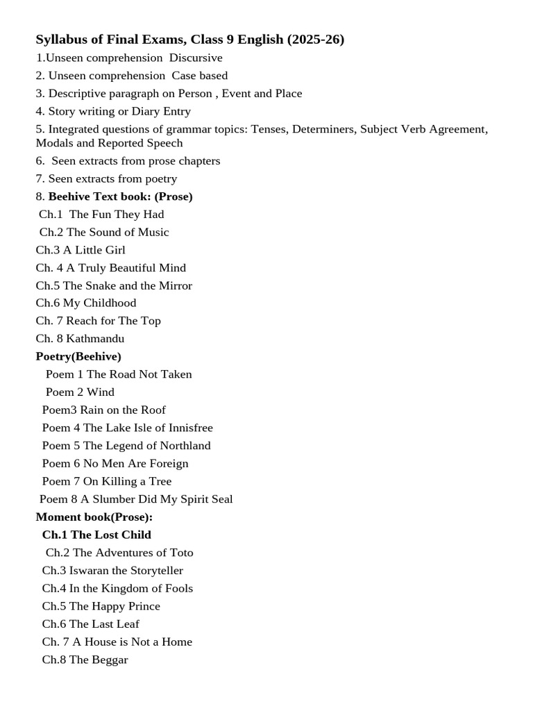 Final Syllabus of Class 9 2025-26 | PDF