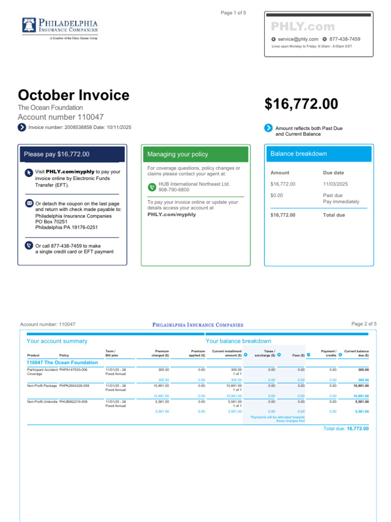 25-26 Carrier Invoice - Philadelphia Insurance Company $16,772.00 | PDF ...