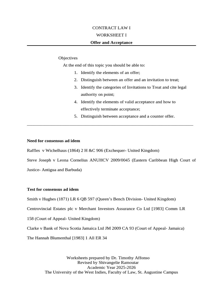 LAW 1410 - Worksheet 1 Offer Acceptance Ns | PDF | Offer And Acceptance ...