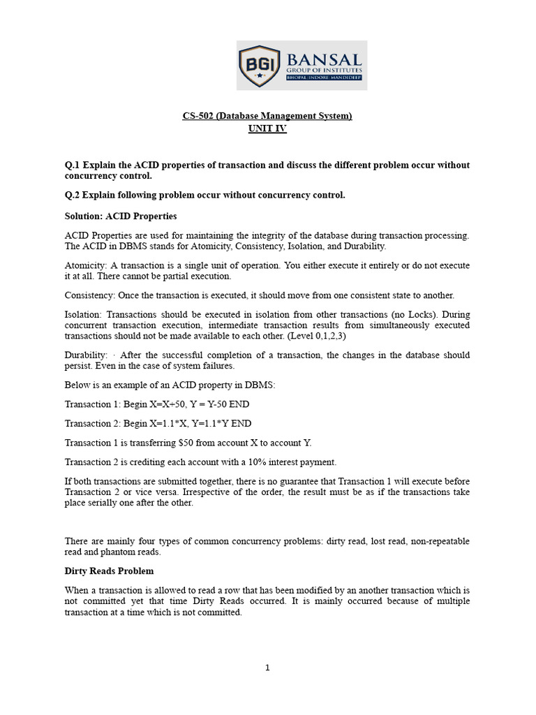 DBMS UNIT IV Important Question | PDF | Database Transaction | Acid
