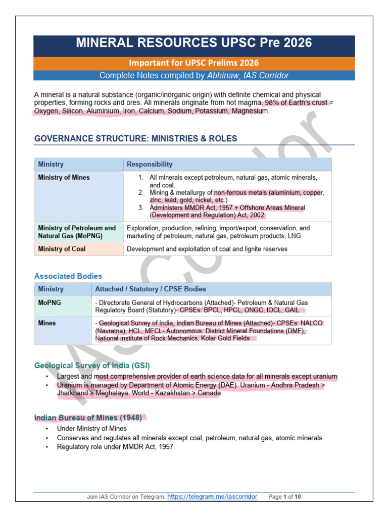 Minerals for UPSC Prelims 2026 by IAS Corridor | PDF