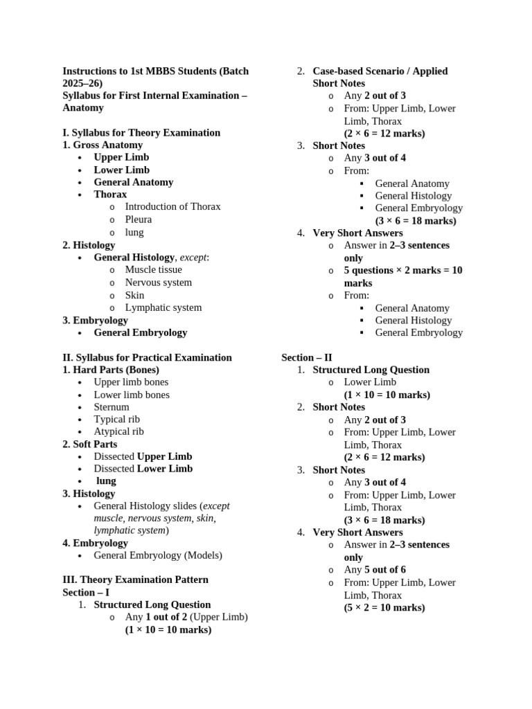 Instructions To 1st MBBS Students First Internal Exam 202526 | PDF ...
