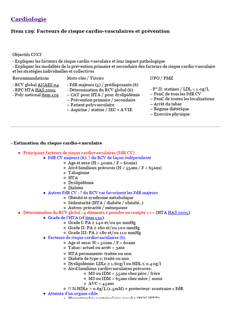 PrepECN Item 129_ Facteurs de Risque Cardio-Vasculaires Et Prévention ...