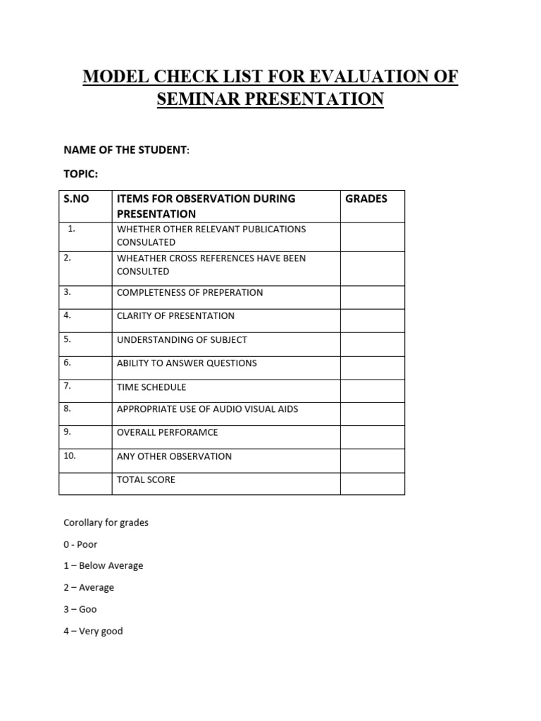 Model Check List for Evaluation of Seminar Presentation | PDF