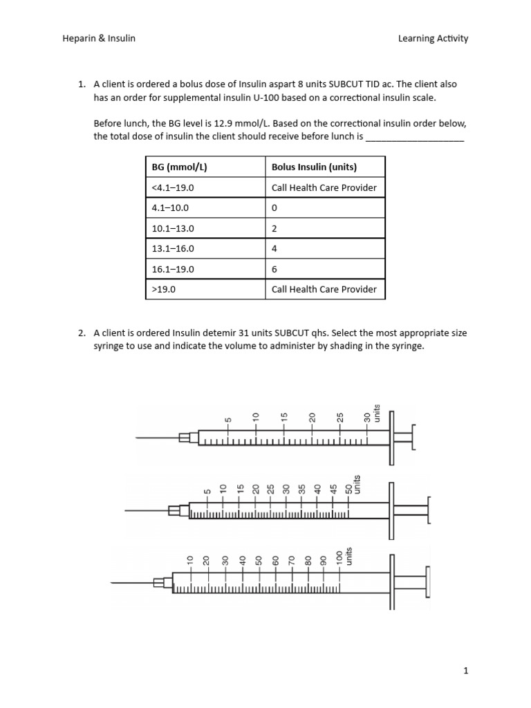 Heparin and Insulin Practice Activity (1) | PDF