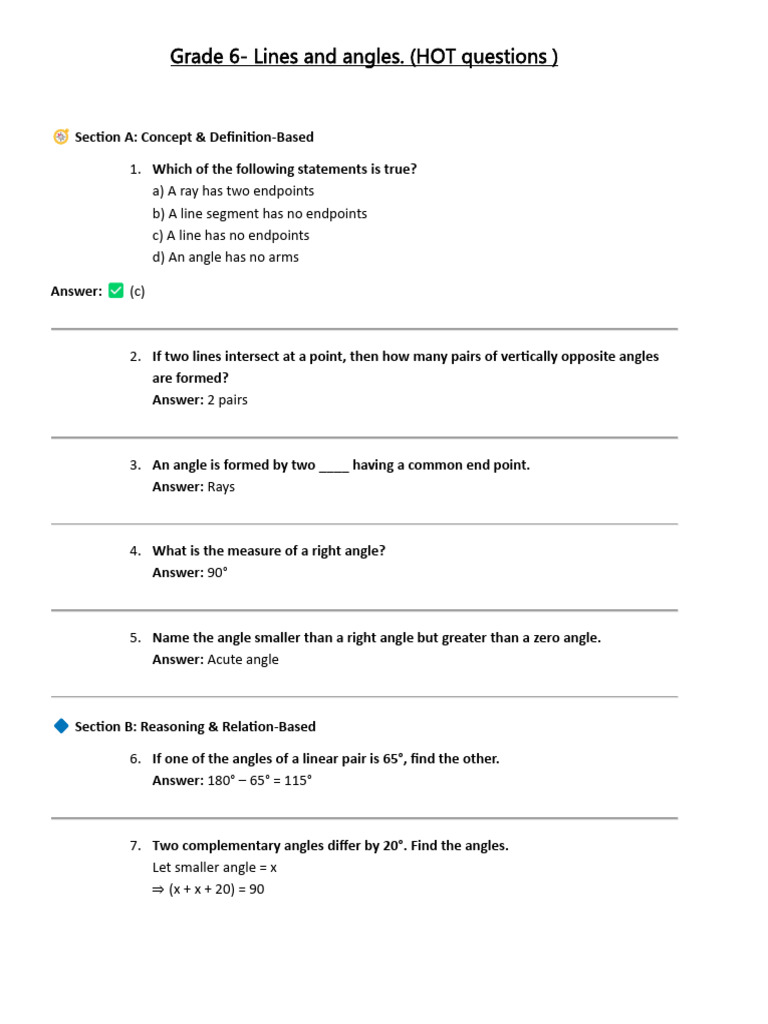 Grade 6- Chapter 2 Lines and Angles (HOT Questions) | PDF | Angle ...