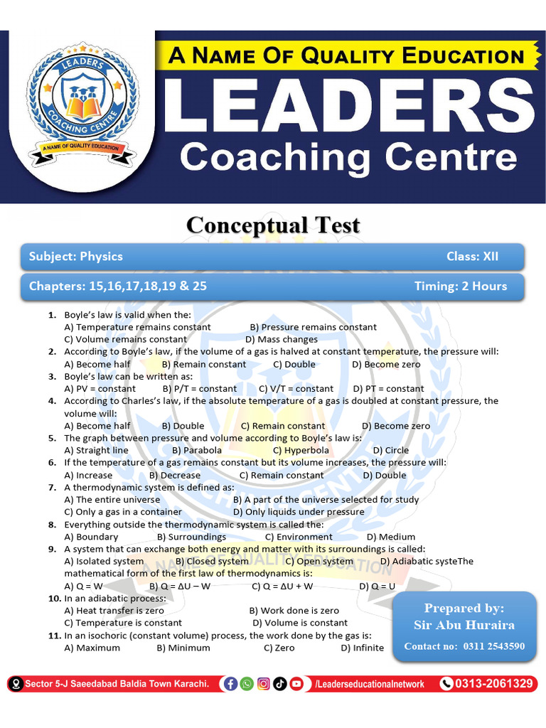 XII Physics Conceptual Test | PDF | Electromagnetic Induction | Inductor