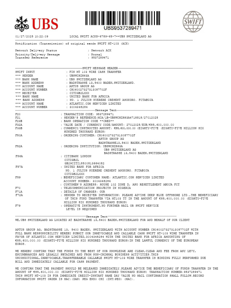 UBS €85,600,000.00 White Slip (CITIGB2LXXX) | PDF | Wire Transfer | Euro