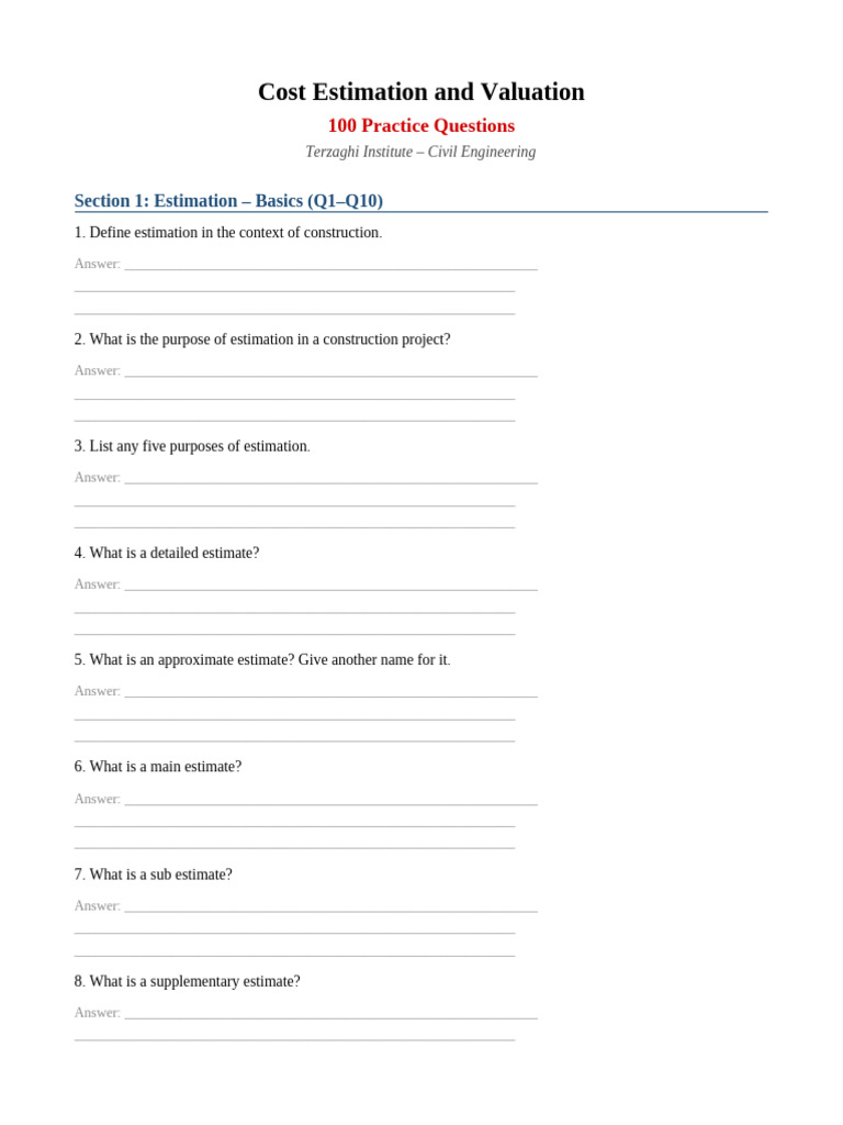 Cost_Estimation_100_Questions | PDF