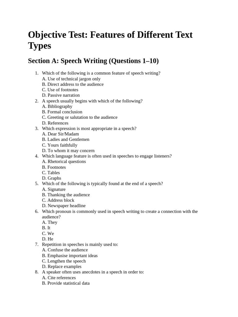 Objective Test- Features of Writing Types | PDF | Madam | Linguistics