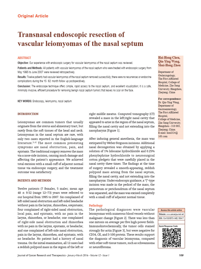 Transnasal endoscopic resection of vascular leiomyomas of the nasal ...