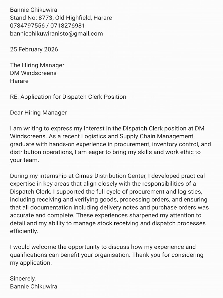 Bannie Cover Letter- Dispatch Clerk | PDF