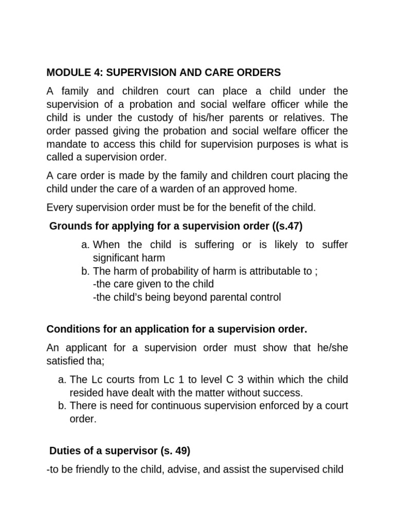 Module 4 Supervision and Care Orders | PDF | Parent | Social Institutions