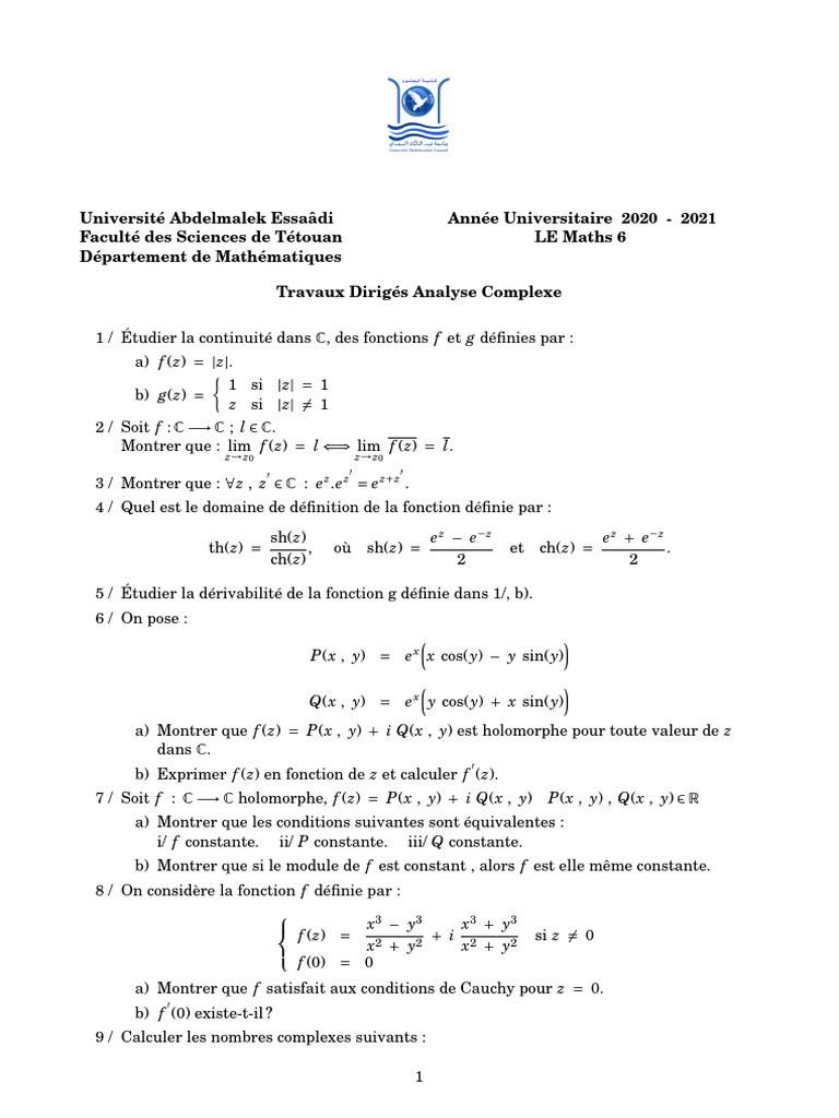 Td Complexe | PDF | Fonction (Mathématiques) | Analyse complexe