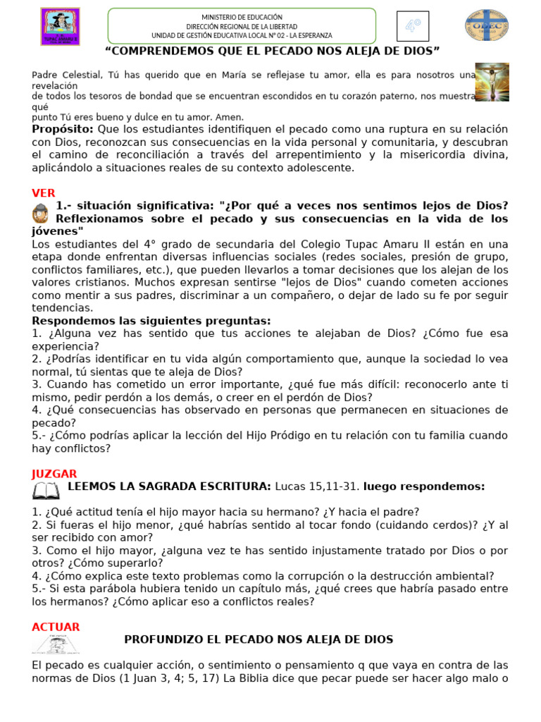 SEMANA 04 “Comprendemos que el pecado nos aleja de Dios” 4° grado | PDF ...
