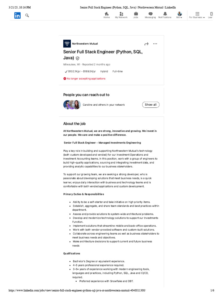Senior Full Stack Engineer (Python, SQL, Java) | PDF | Résumé | Linked In