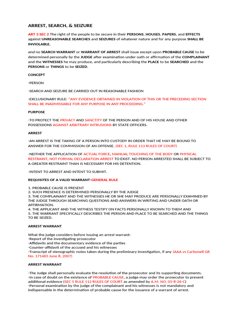 Arrest Search and Seizures | PDF | Acquittal | Bail