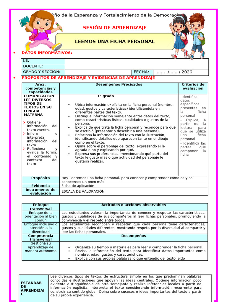 1° U1 S1 Sesion D1 Com Leemos Una Ficha Personal | PDF | Aprendizaje ...