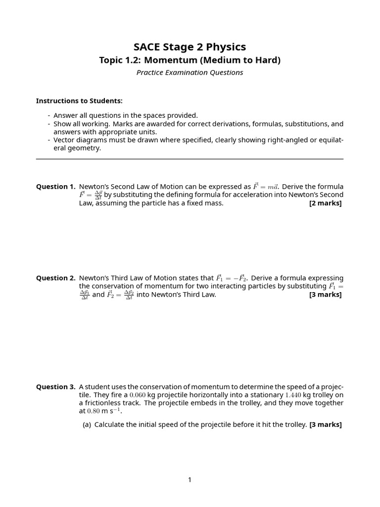 SACE Physics Topic 1.2 Practice Exam | PDF | Momentum | Newton's Laws ...
