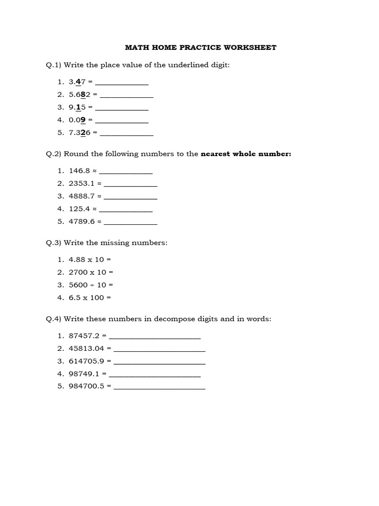 Grade 4 Math Home Practice Worksheet 2025-26 | PDF