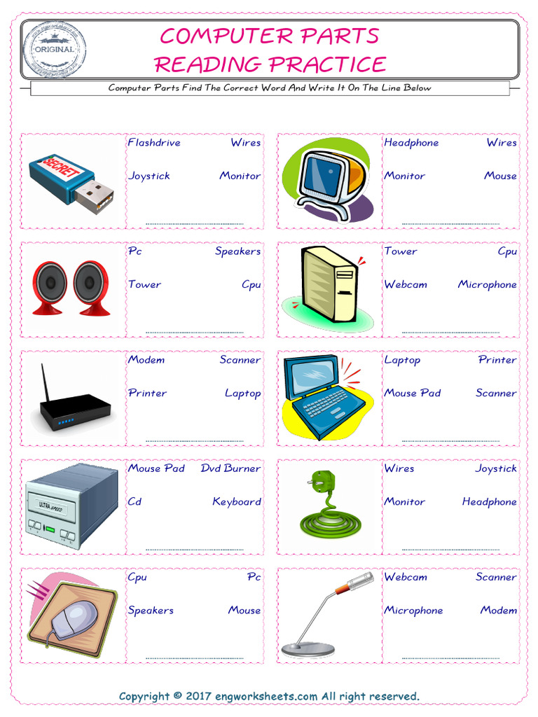 Computer Parts Find the Correct Word and Write It on the Line Below ...