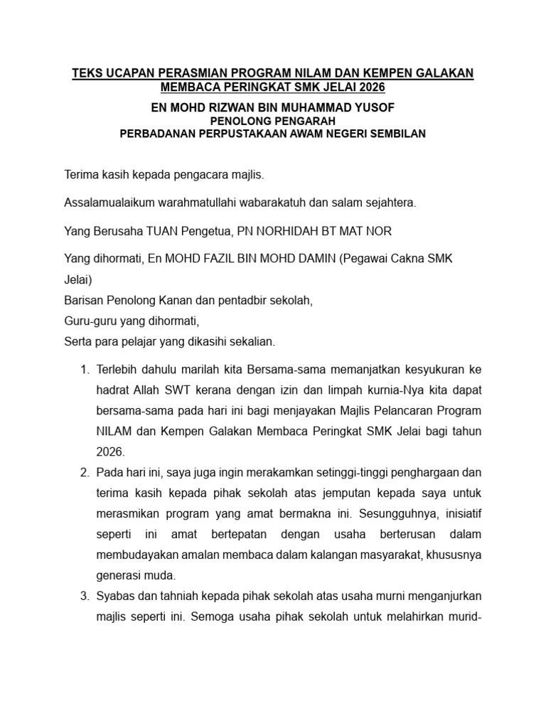 Teks Ucapan Perasmian Program Nilam Dan Kempen Galakan Membaca ...