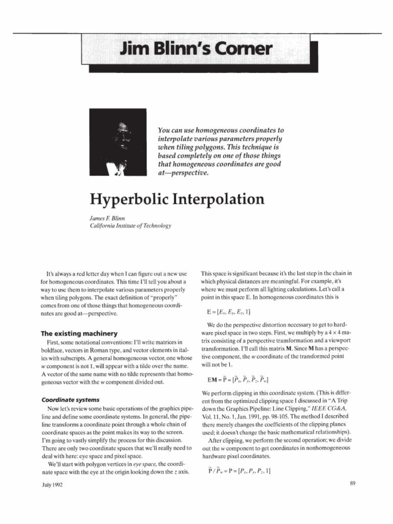 Hyperbolic Interpolation (J.F. Blinn)(IEEE Computer Graphics ...
