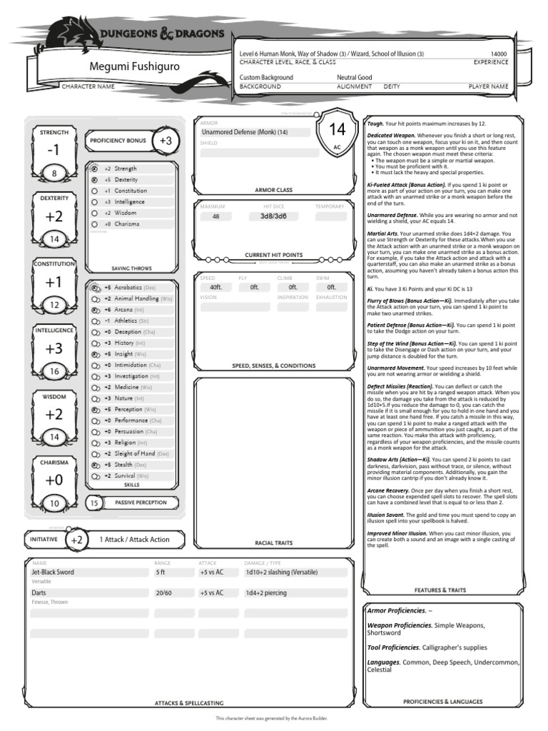 Megumi Fushiguro - Character Sheet | PDF