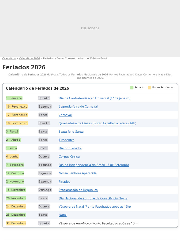 Calendário de Feriados 2026 - Calendarr | PDF