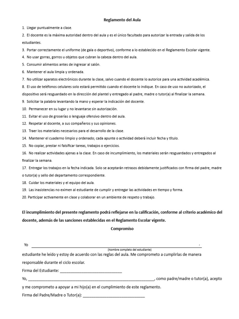 Reglamento de Aula | PDF | Maestros | Salón de clases