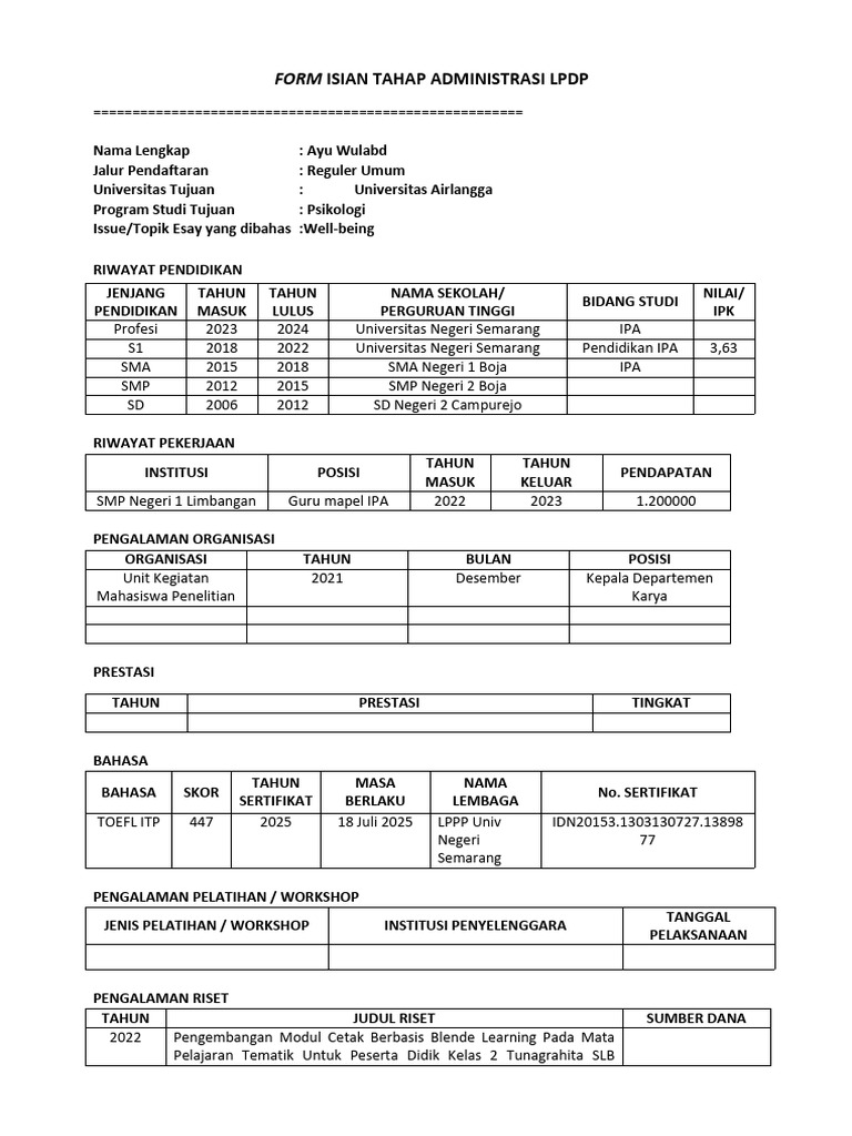Form Isian Seleksi Administrasi LPDP | PDF