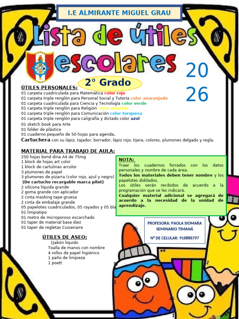 LISTA DE UTILES 2° GRADO B ... SIOMARA | PDF