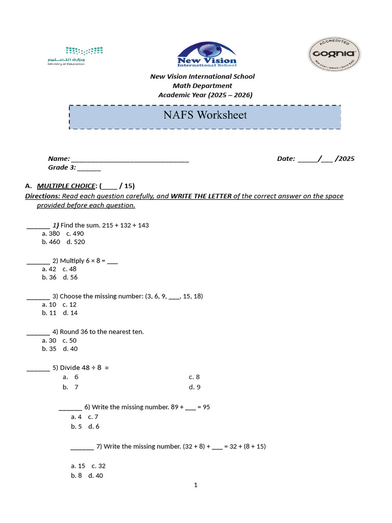 G3 Math NAFS Worksheet #4 | PDF