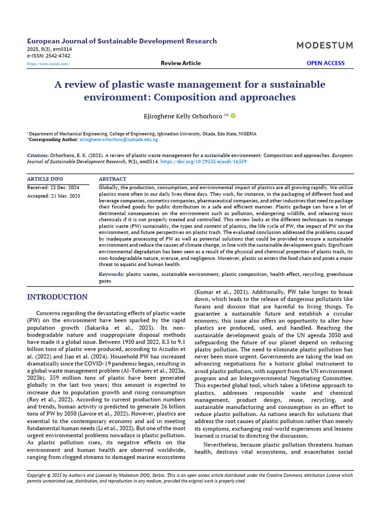 A Review of Plastic Waste Management for a Sustainable Environment ...