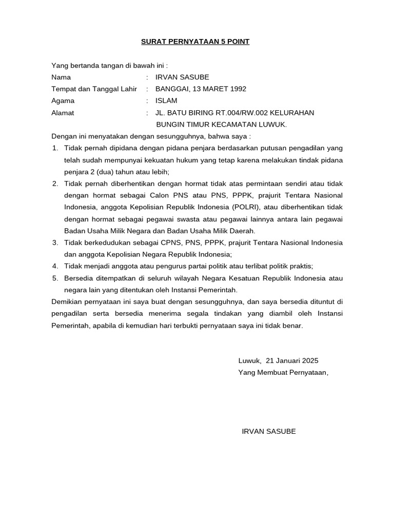 Format Surat Pernyataan 5 Point | PDF