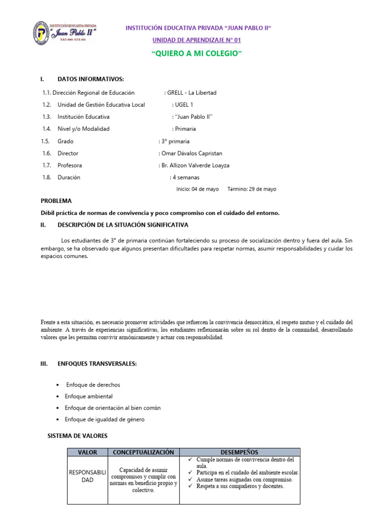 II UNIDAD DE APRENDIZAJE 2026 - 3 PRIMARIA | PDF | Educación primaria ...