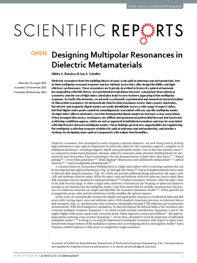Designing Multipolar Resonances in Dielectric Metamaterials | PDF ...