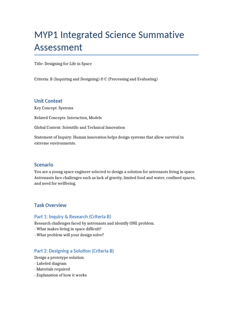 MYP1 Space Assessment | PDF