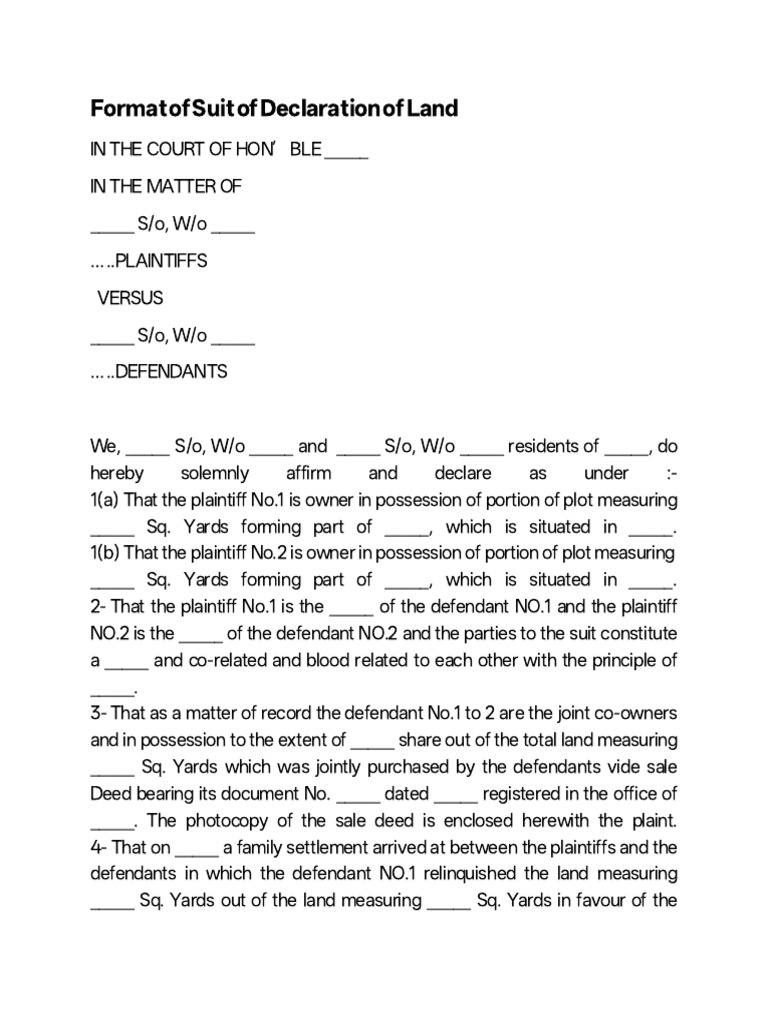 Civil Pleadings Format of Suit of Declaration of Land | PDF | Lawsuit ...
