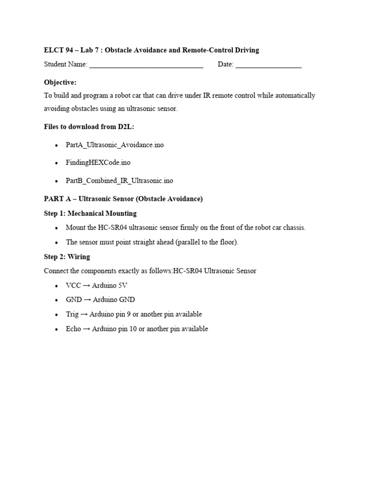 ELCT 94 - Lab 7 Obstacle Avoidance and Remote-Control Driving | PDF ...
