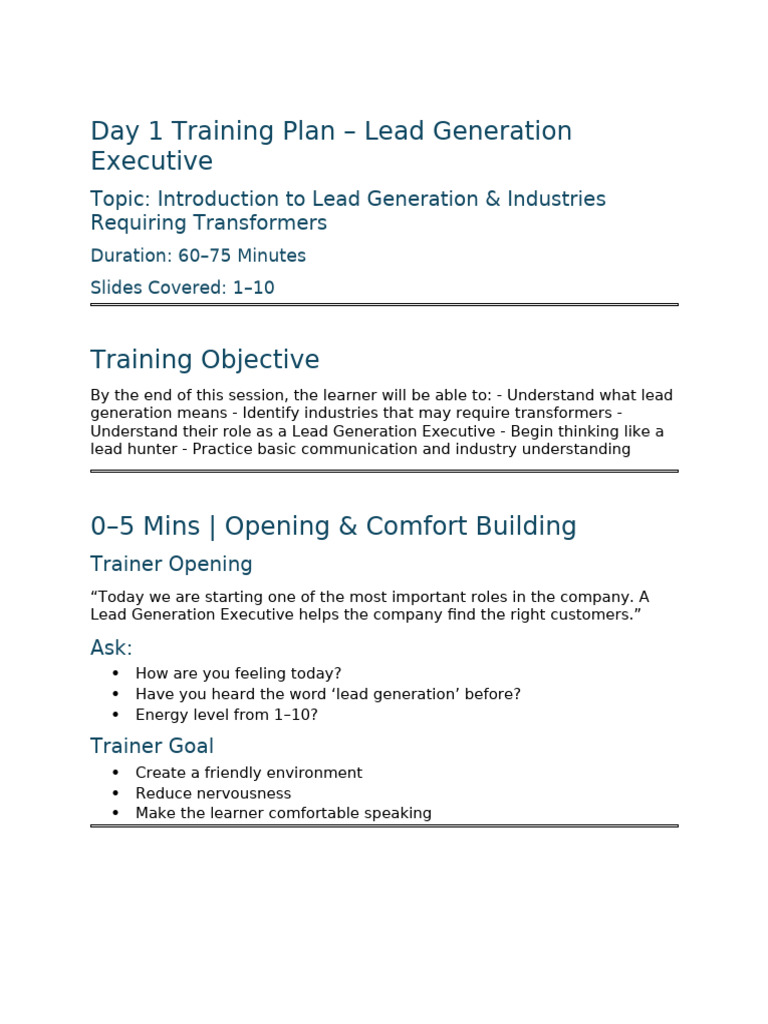 Day1 Lead Generation Training Plan First 10 Slides | PDF | Learning ...