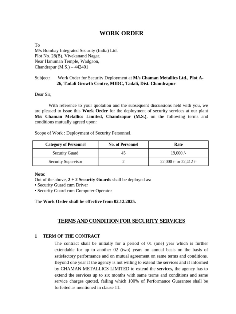 WORK ORDER AND TERMS AND CONDITION FOR SECURITY SERVICES | PDF