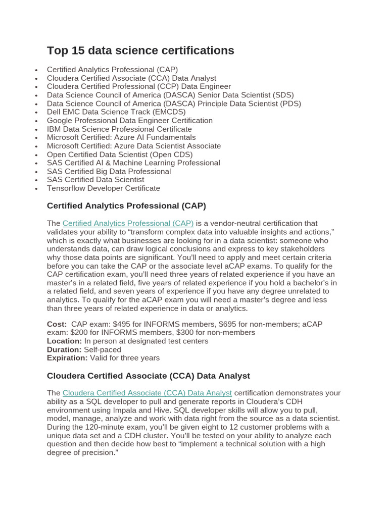 Top 15 data science certifications | PDF | Sas (Software) | Artificial ...