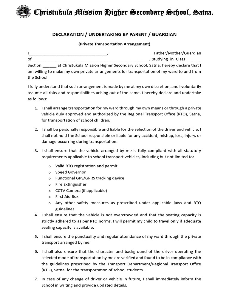 DECLARATION for Parents for Transportation | PDF