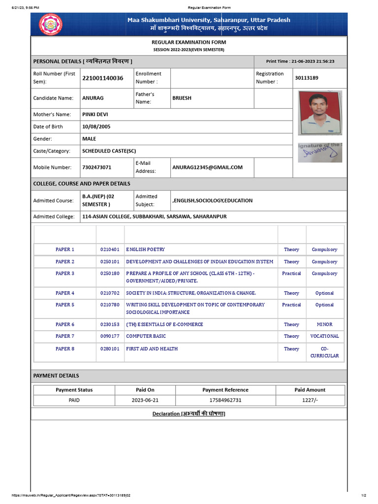 Regular Examination Form Anurag | PDF