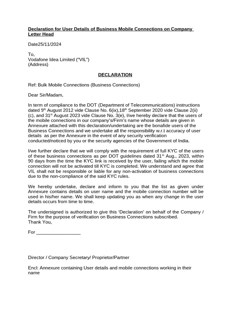 Declaration for User Details of Business Mobile Connections on Company ...