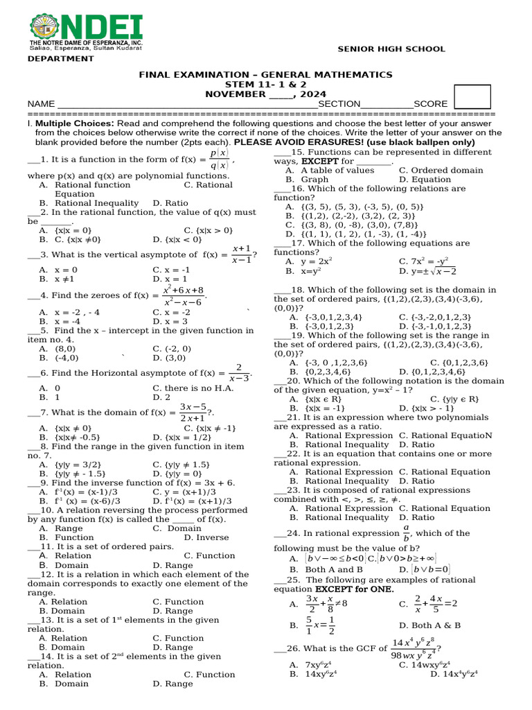 final exam | PDF | Function (Mathematics) | Rational Number