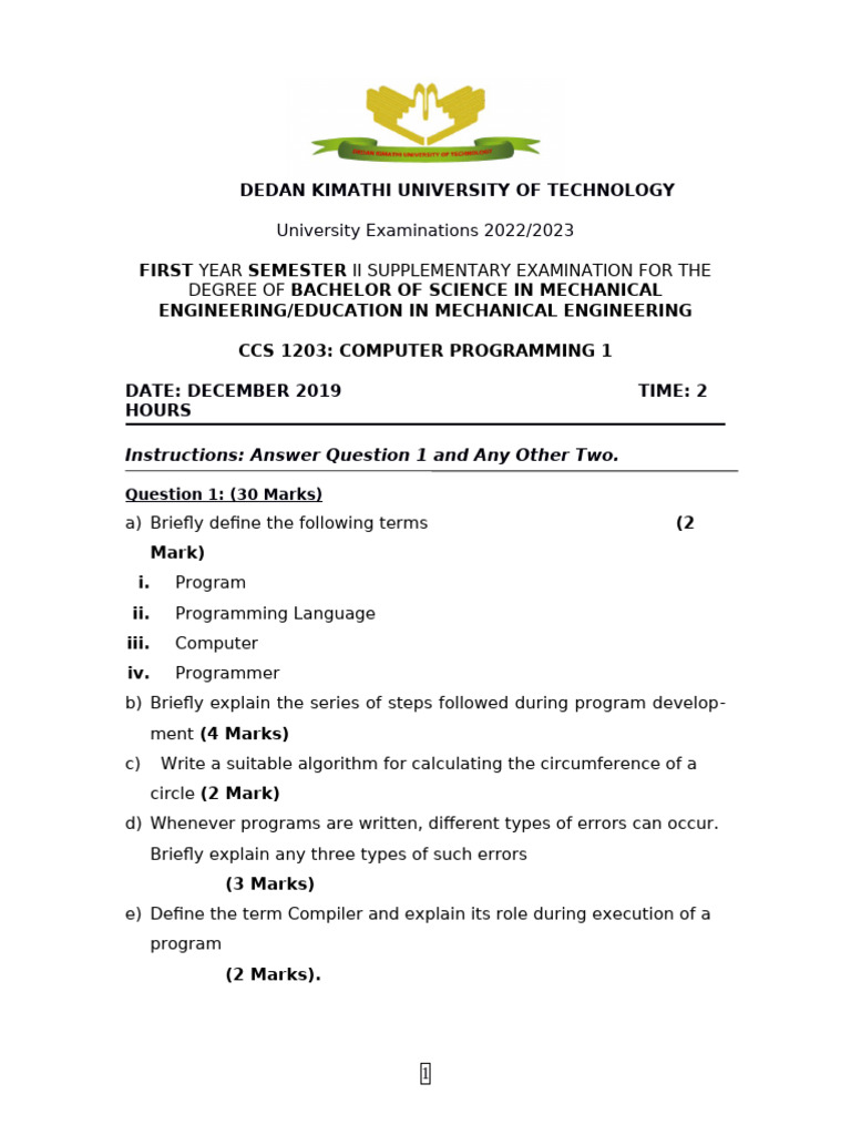 Ccs 1203 Computer Programming - Mechanical Engineering | PDF | Computer ...