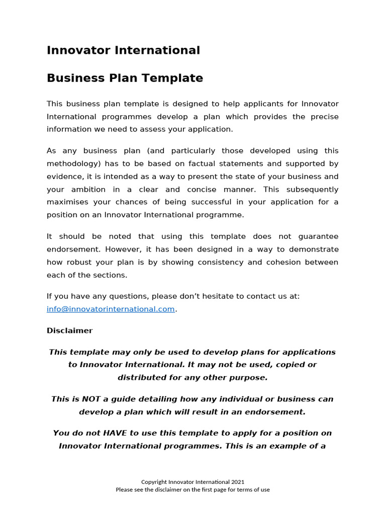 Innovator International Business Plan Template | PDF | Innovation | Sales
